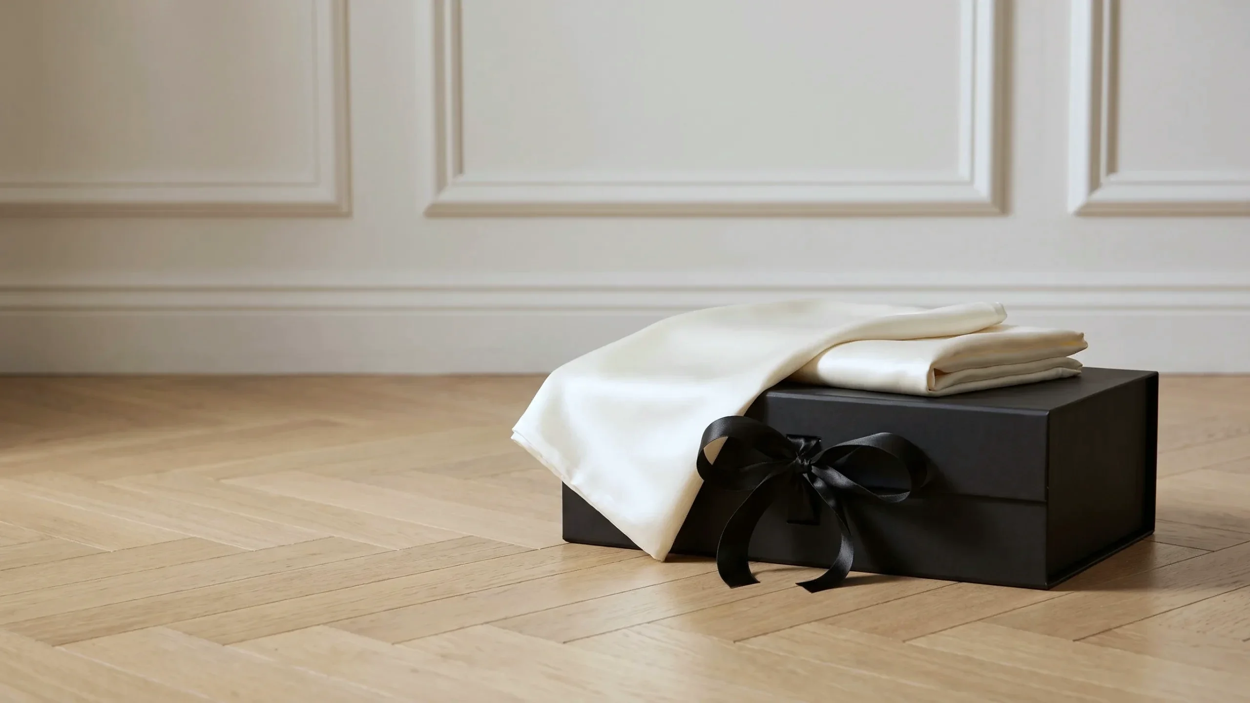Écrin Gift Box in Schwarz mit dem Satin-Kissenbezug Songe in Elfenbein